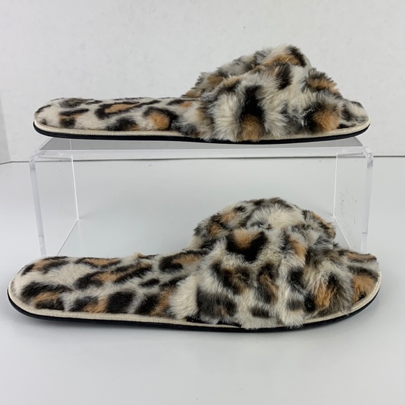 Size 9 Cream Animal Print MUK LUKS Faux Fur Open Toe Scuff Slipper - Picture 5 of 9